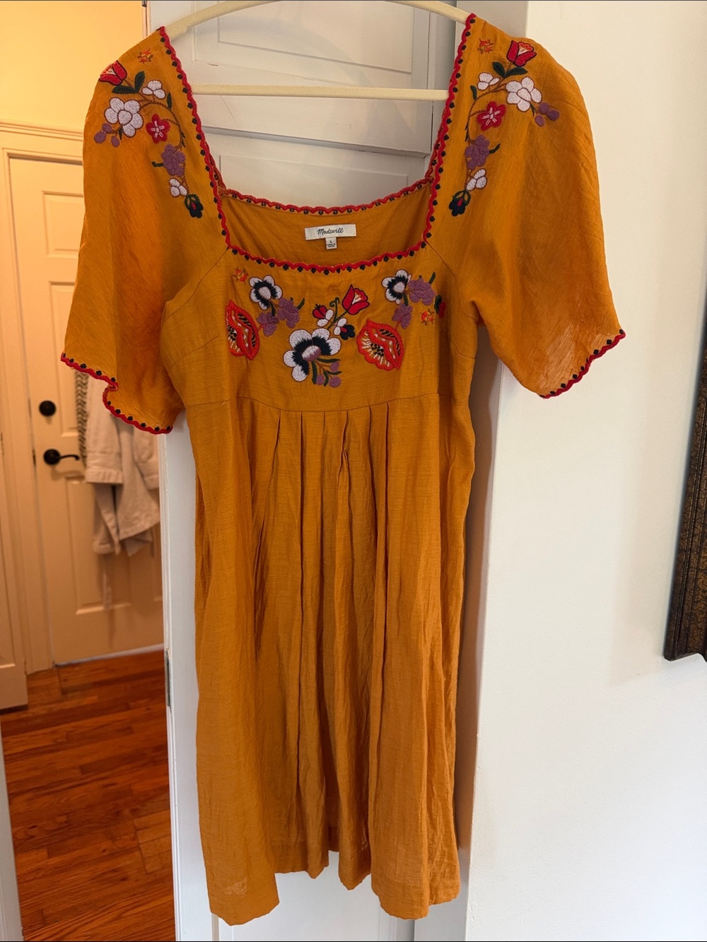 Madewell Mustard Yellow Embroidered Square-Neck Women's Dress L